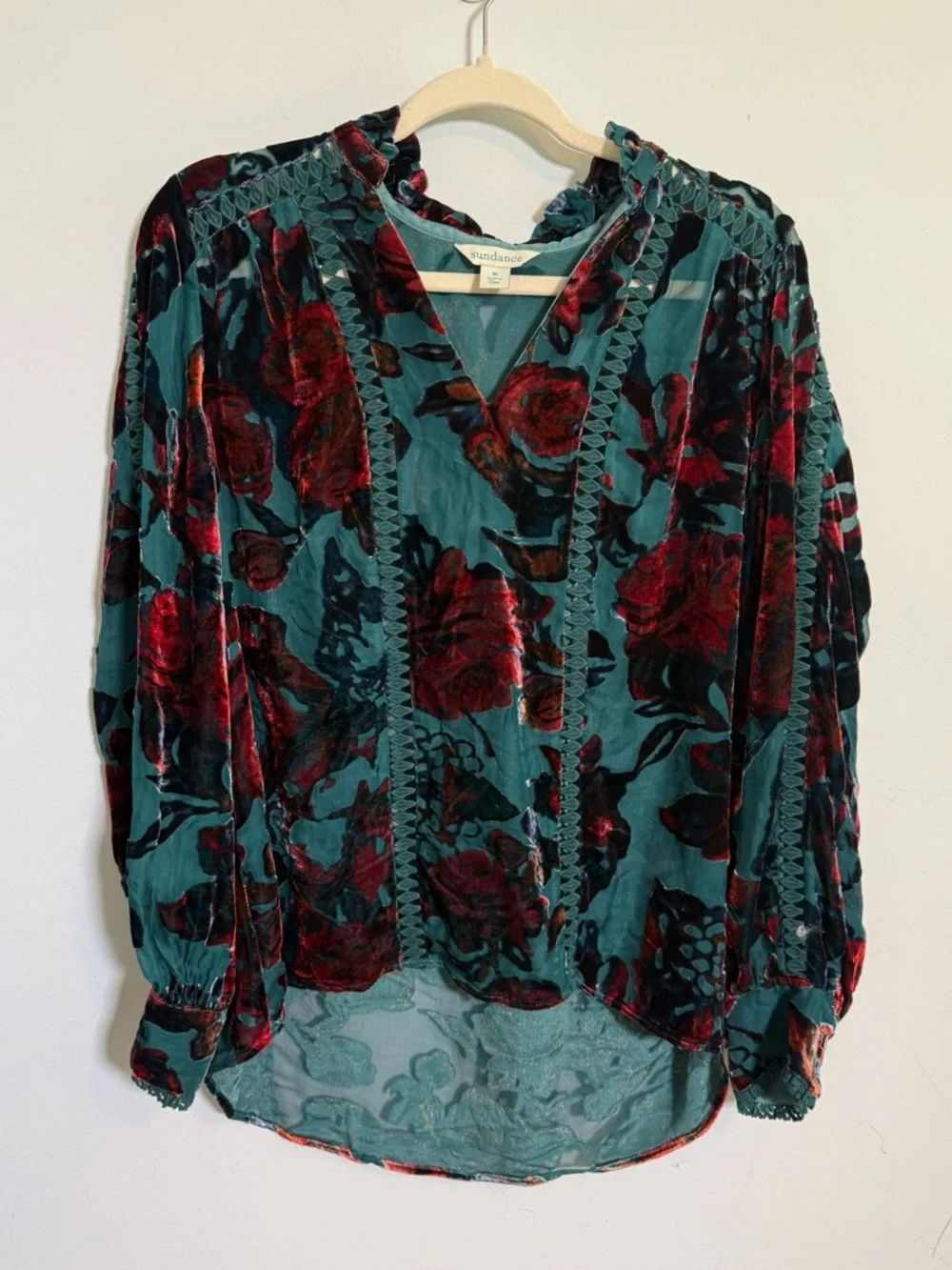 Sundance Teal Velvet Burnout Floral Blouse Boho Romantic Sheer Peasant Top M - Picture 1 of 6